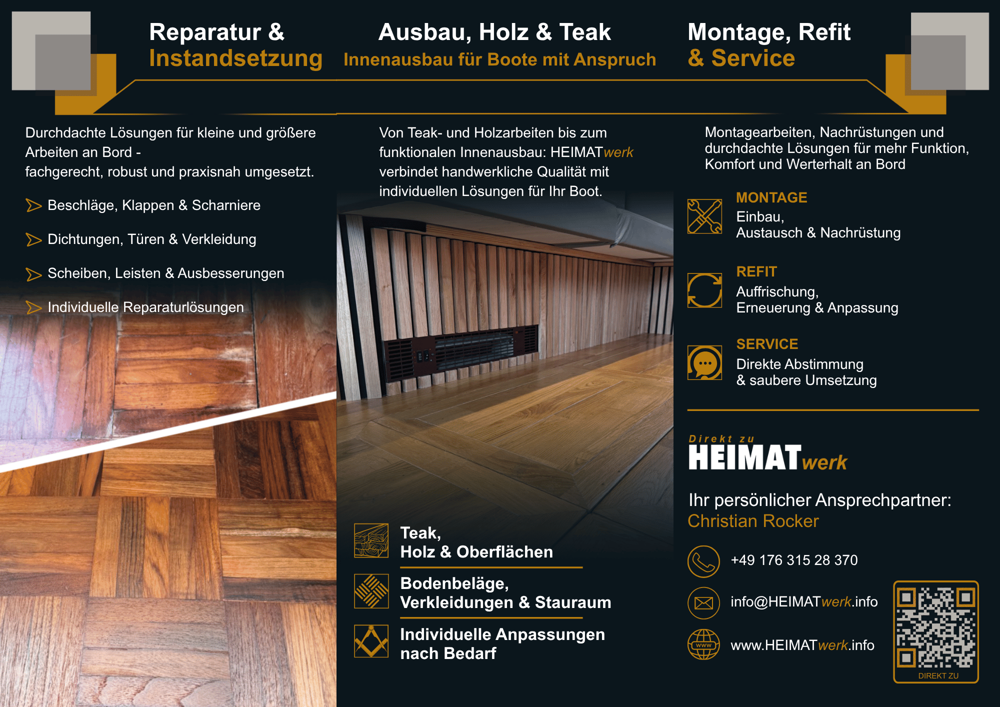Rückseite des HEIMATwerk Flyers für Boot und Yachtservice