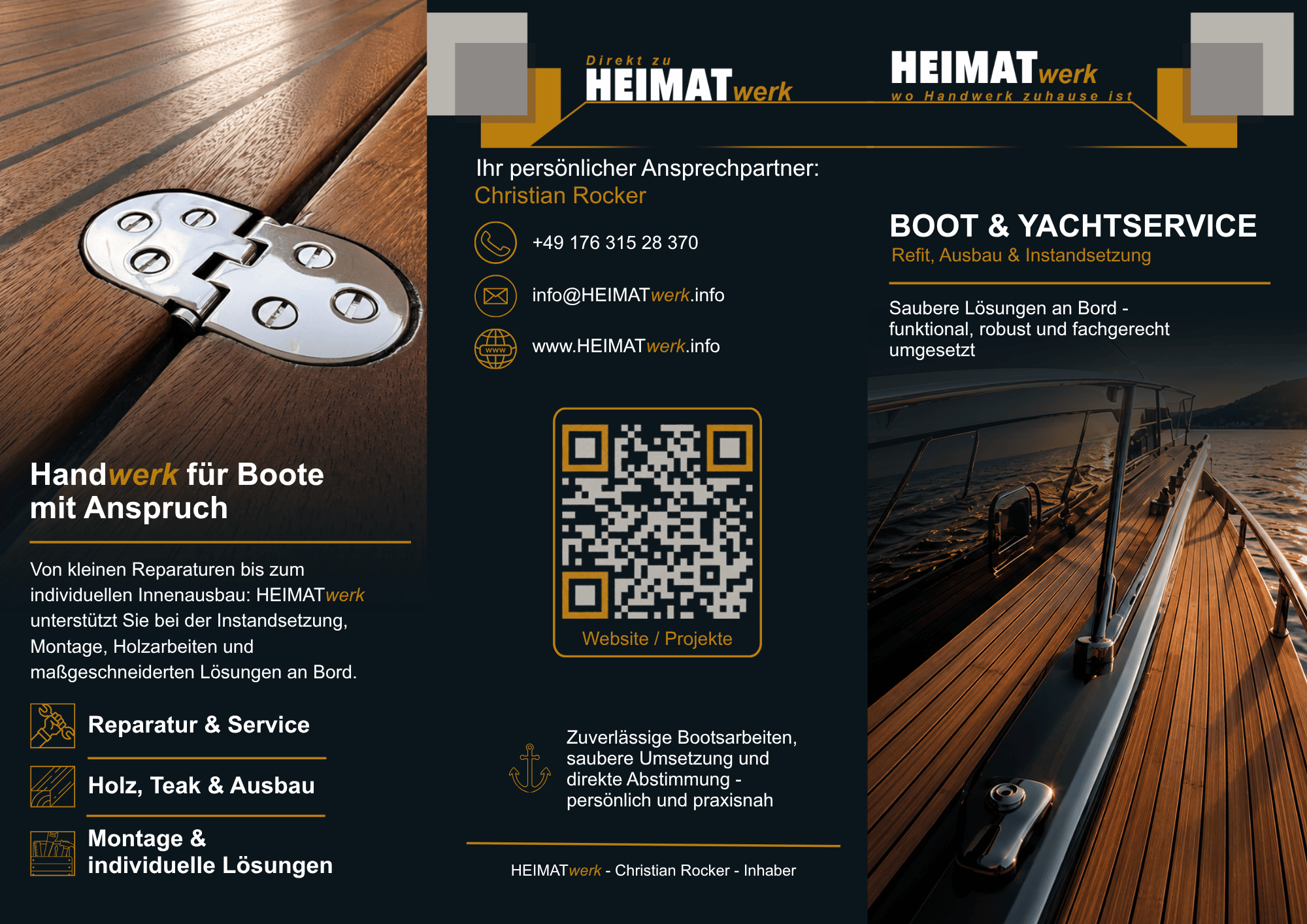 Vorderseite des HEIMATwerk Flyers für Boot und Yachtservice